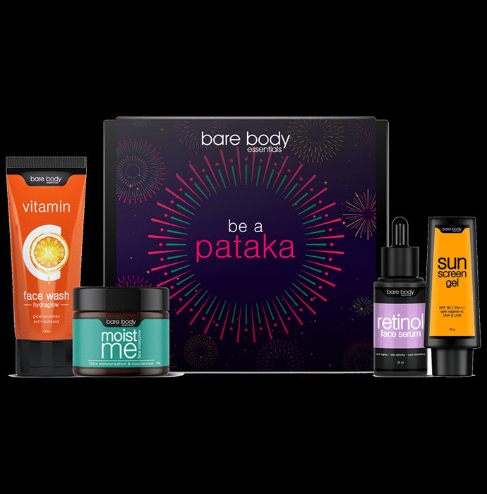Bare Body Essentials Be A Pataka with Vitamin C Face Wash 100ml, Moist Me Face Moisturizer 50g, Retinol Face Serum 25ml and Sunscreen Gel 30g - Classic Derma