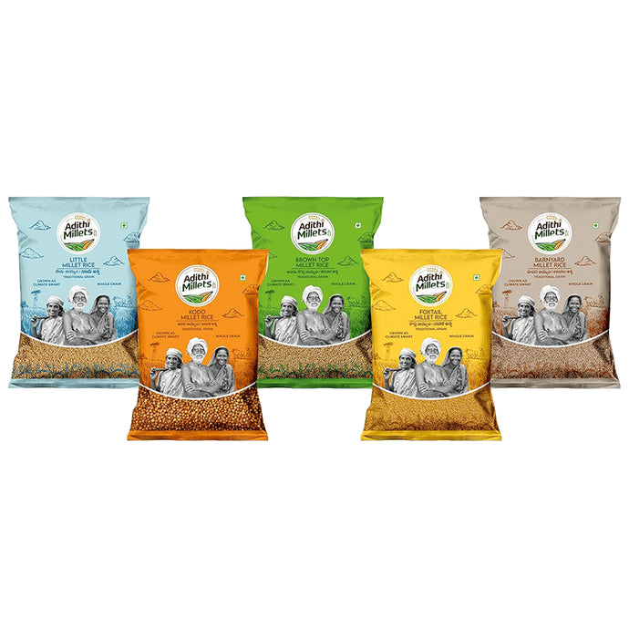 Adithi Millets Combo Pack of BrownTop Millet Rice , Barnyard Millet Rice , Foxtail Millet Rice , Little Millet Rice & Kodo Millets Rice (1kg Each) - Classic Derma