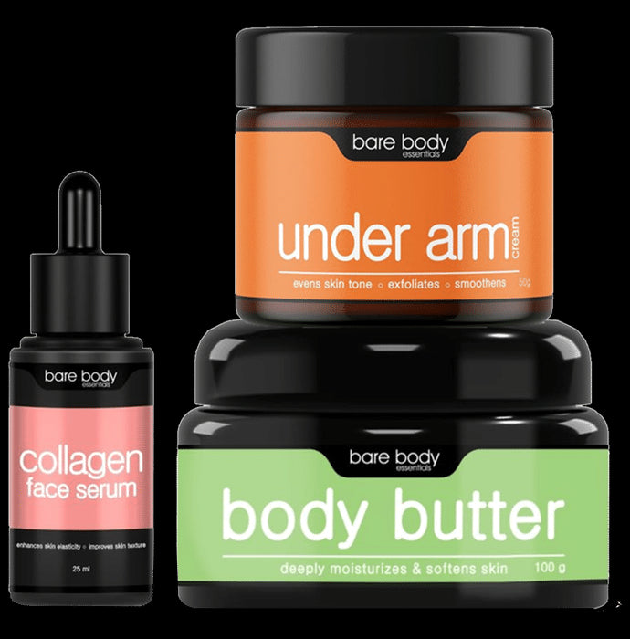 Bare Body Essentials Love Yourself Combo of Collagen Face Serum 25ml, Under Arm Cream 50gm and Body Butter Cream 100gm - Classic Derma