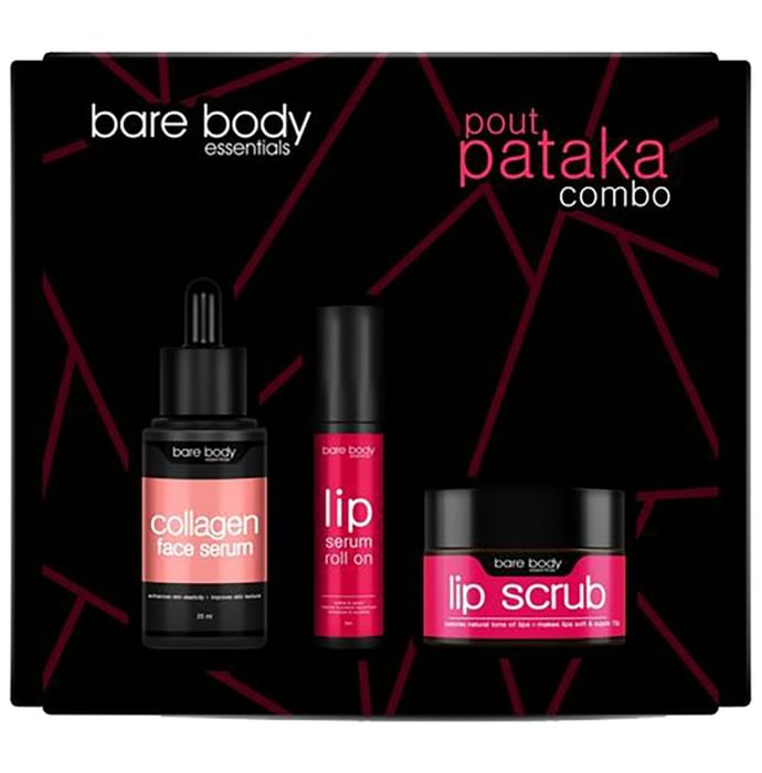 Bare Body Essentials Pout Pataka Combo of Collagen Face Serum 25ml, Lip Serum Roll On 8ml and Lip Scrub 15gm - Classic Derma