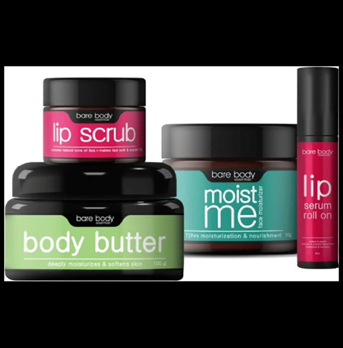 Bare Body Essentials Winter Essentials Combo of Lip Scrub 15gm, Body Butter Cream 100gm, Moist Me Face Moisturizer 50gm and , Lip Serum Roll On 8ml - Classic Derma