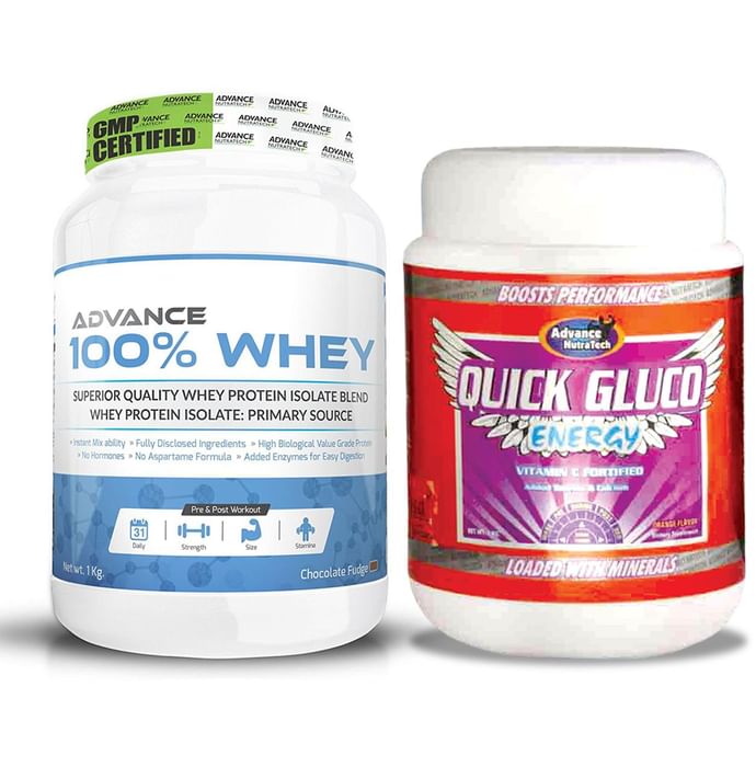 Advance Nutratech Combo of 100% Whey Protein Chocolate 1Kg and Quick Gluco Energy 1kg Orange - Classic Derma