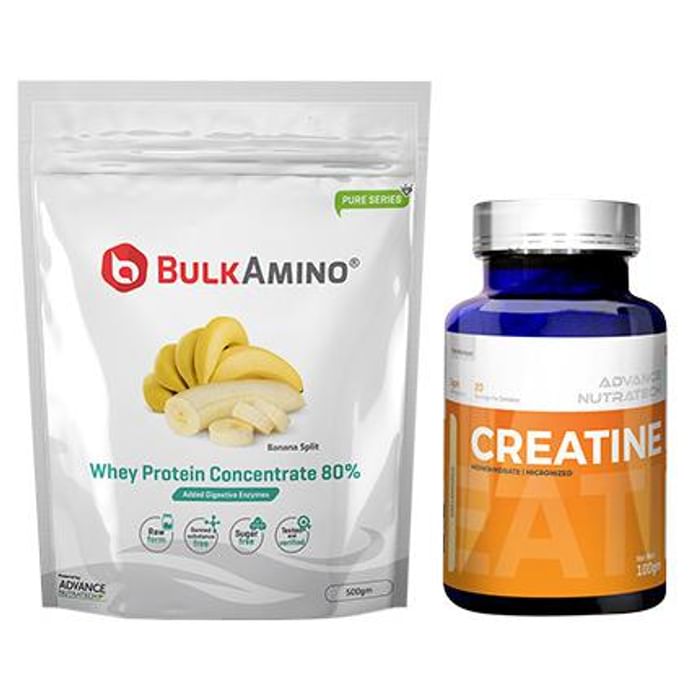 Advance Nutratech Combo of BulkAmino Whey Protein Concentrate 80% Banana Spilt 500gm Supplement Powder and Creatine Monohydrate Unflavored 100gm - Classic Derma