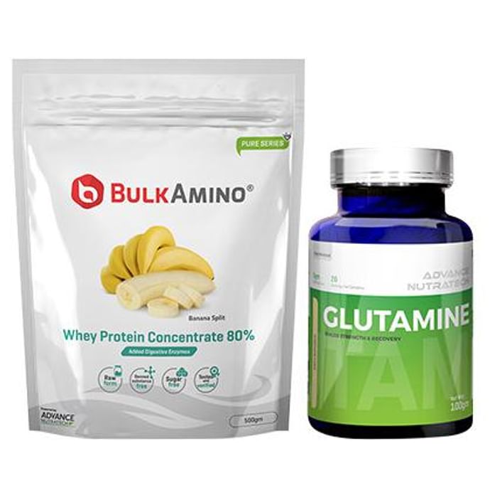 Advance Nutratech Combo of BulkAmino Whey Protein Concentrate 80% Banana Split 500gm and Glutamine Supplement Powder 100gm Unflavored - Classic Derma
