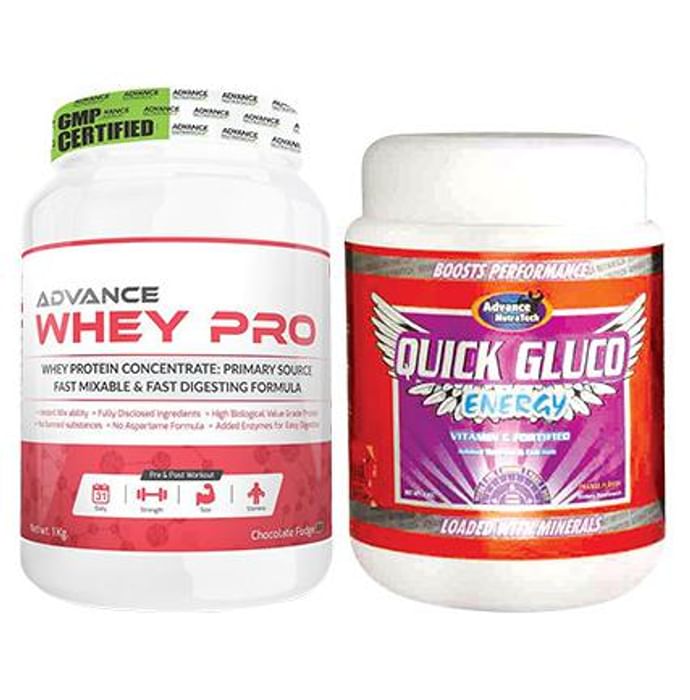 Advance Nutratech Combo of Whey Pro Protein Powder Chocolate 1kg and Quick Gluco Energy Orange 1kg - Classic Derma