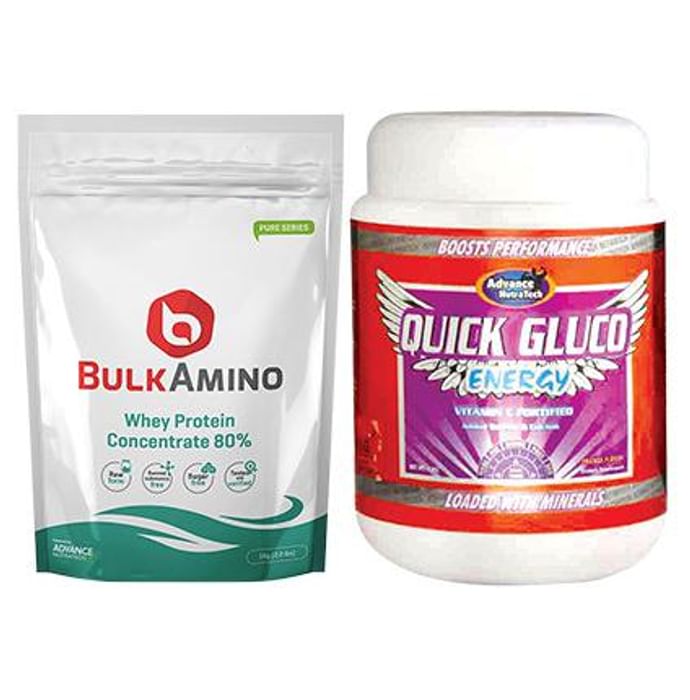 Advance Nutratech Combo Pack of Bulk Amino Whey Protein Concentrate 80% 1Kg Powder and Quick Gluco Energy 1kg Orange - Classic Derma