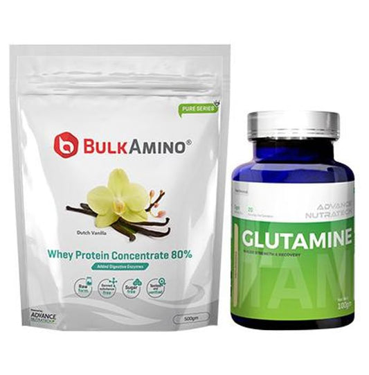 Advance Nutratech Combo Pack of Bulk Amino Whey Protein Concentrate 80% Dutch Vanilla 500gm and Glutamine Supplement Powder 100gm Unflavored - Classic Derma