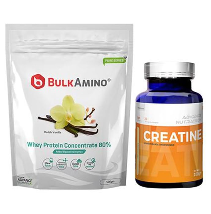Advance Nutratech Combo Pack of BulkAmino Whey Protein Concentrate 80% Dutch Vanilla 500gm Powder and Creatine Monohydrate Unflavored 100gm - Classic Derma
