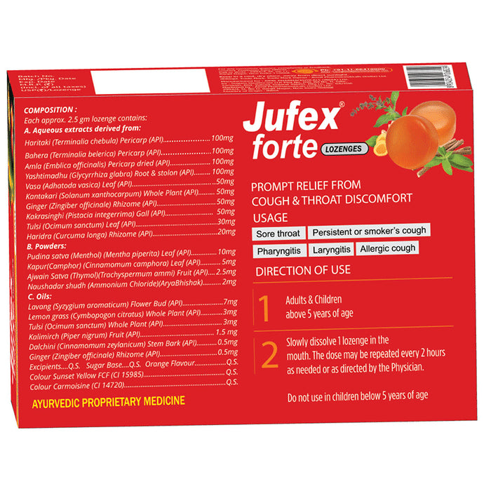 Aimil Pharmaceuticals Jufex Forte Lozenges For Tough Cough, Sore Throat, Congestion and Respiratory Wellness (12 Each) Orange