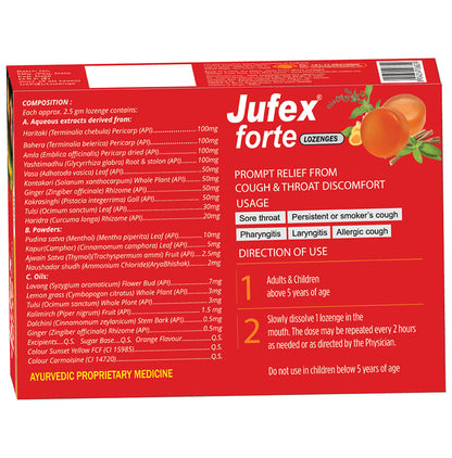 Aimil Pharmaceuticals Jufex Forte Lozenges For Tough Cough, Sore Throat, Congestion and Respiratory Wellness (12 Each) Orange