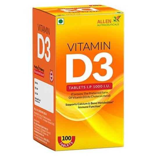 Allen Nutraceutical Vitamin D3 (Cholecalciferol) 1000 I.U for Bone Metabolism & Immunity | Tablet - Classic Derma