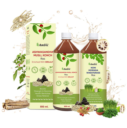 Ambic Combo Pack of Ashwagandha Musli, Konch Ras and Noni Moringa Wheatgrass Ras (500ml Each)