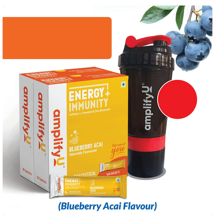 AmplifyU Energy + Immunity Powder 8gm Sachet (10 Each) with Free Sipper Blueberry Acai