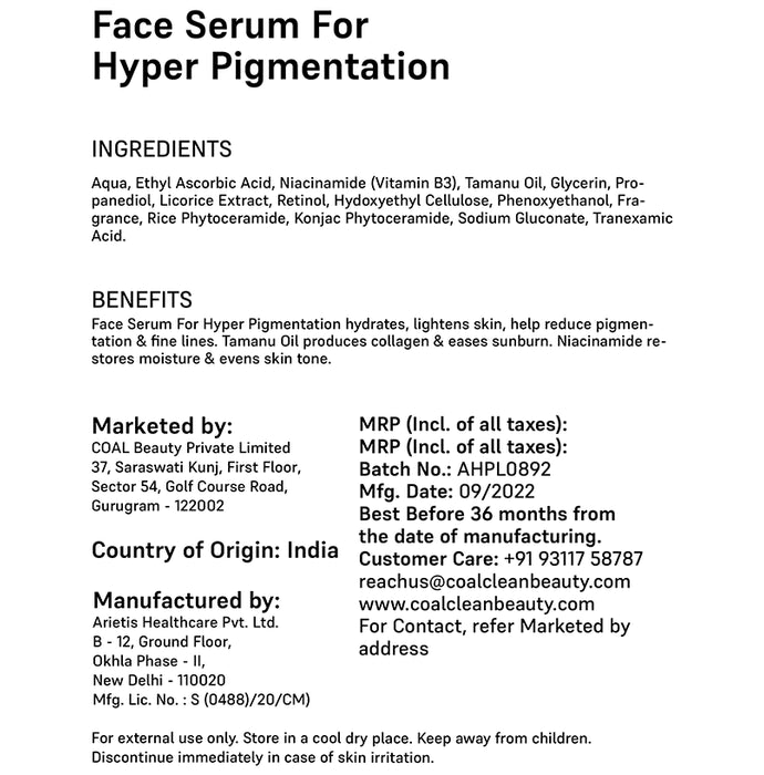 Coal Clean Beauty Face Serum for Hyper Pigmentation for Women