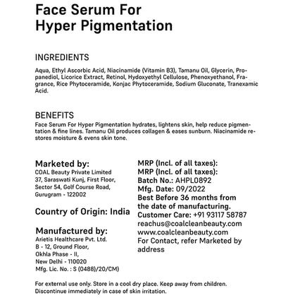 Coal Clean Beauty Face Serum for Hyper Pigmentation for Women