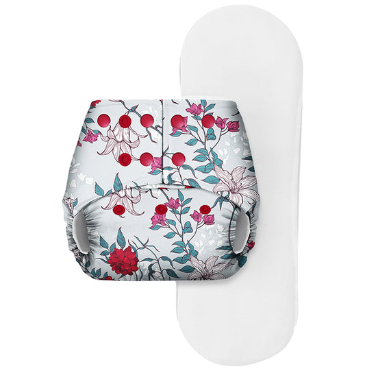 Basic Pocket Diaper with Dry Feel Pad Free Size Red Flowers - Classic Derma