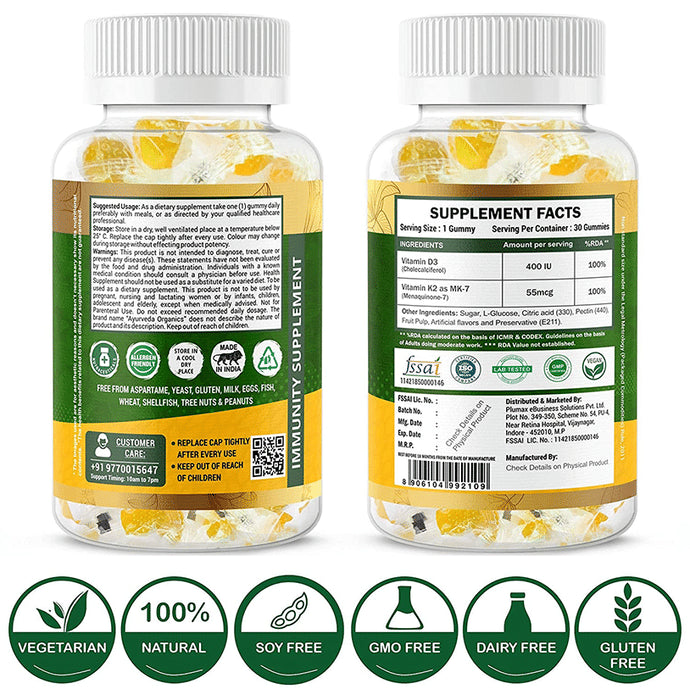 Ayurveda Organics Vitamin D3 + K2 | Vegetarian Gummies for Bone, Teeth & Immunity