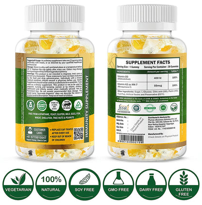 Ayurveda Organics Vitamin D3 + K2 | Vegetarian Gummies for Bone, Teeth & Immunity