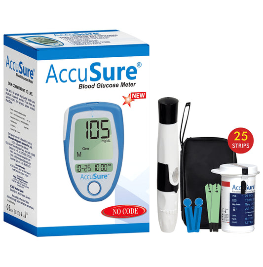 AccuSure Blood Glucose Meter Glucometer with 25 Test Strip - Classic Derma