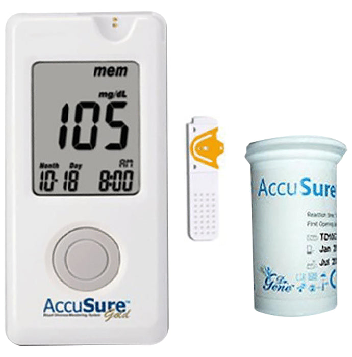 AccuSure Gold Blood Glucose Monitoring System Glucometer with 10 Strips - Classic Derma
