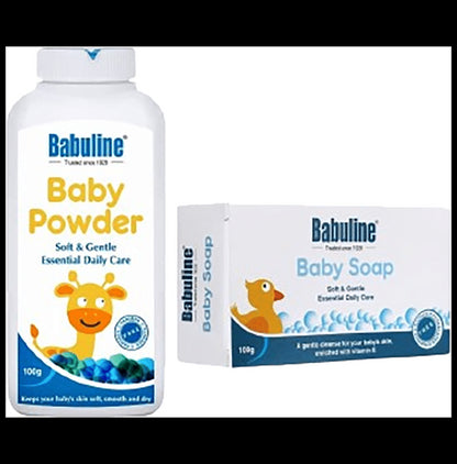 Babuline Baby Powder 100gm (Pack of 2) & Baby Soap 100gm (Pack of 2) Each Travel Kit | Suitable & Safe for newborn babies | Vitamin E | Paraben & Sulphate Free | Dermatologically tested - Classic Derma