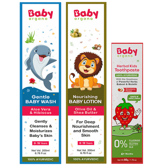 Baby Organo Combo Pack of Gentle Baby Wash 200gm, Nourishing Baby Lotion 200gm And Herbal Kids Toothpaste 50gm - Classic Derma