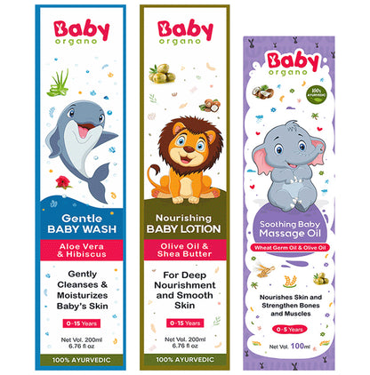 Baby Organo Combo Pack of Gentle Baby Wash 200ml, Nourishing Baby Lotion 200ml & Soothing Baby Massage Oil 100ml - Classic Derma