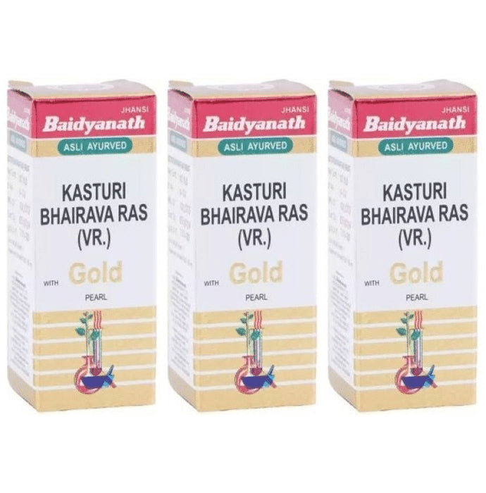 Baidyanath (Jhansi) Kasturi Bhairava Ras VR with Gold Pearl Tablets(10 Each) - Classic Derma