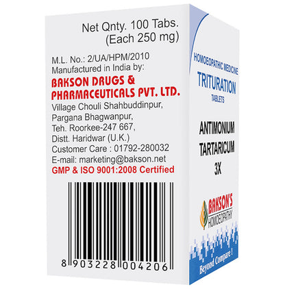 Bakson's Homeopathy Antimonium Tartaricum Trituration Tablet 3X