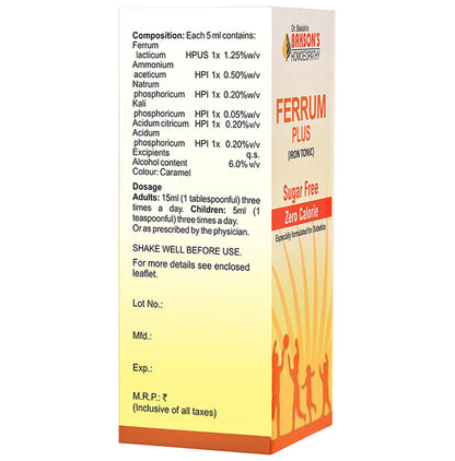 Bakson's Homeopathy Ferrum Plus Iron Tonic Sugar Free