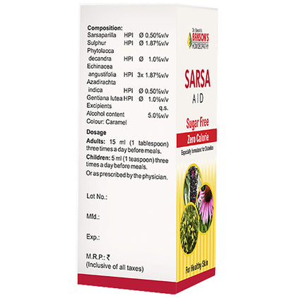 Bakson's Homeopathy Sarsa Aid Syrup Sugar Free