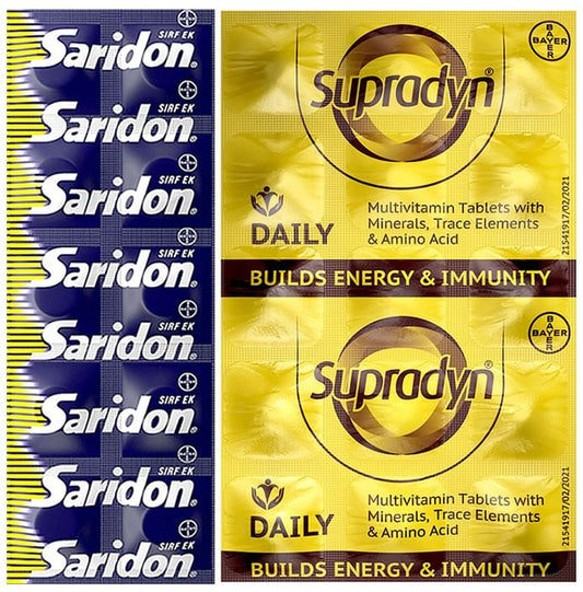 Bayer Combo Pack of Supradyn Daily Multivitamin 15 Tablet & Saridon 10 Tablet - Classic Derma