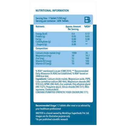 BBetter Calcium with Magnesium Zinc I Vitamin K2 & D3 Tablet
