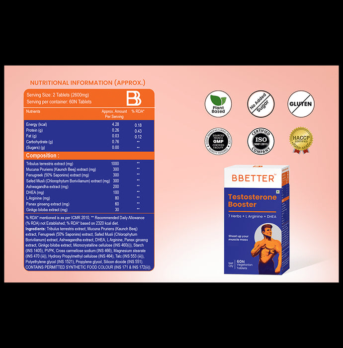 BBetter Testosterone Booster with L-Arginine & DHEA | For Muscle Mass | Tablet