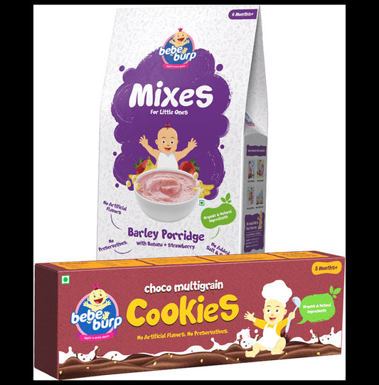 Bebe Burp Combo Pack of 6M+ Mixes Barley Porridge 200gm and 8M+ Choco Multigrain Cookies 150gm - Classic Derma