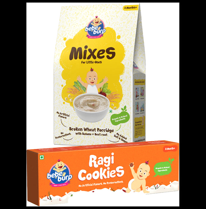 Bebe Burp Combo Pack of 6M+ Mixes Broken Wheat Porridge 200gm and 8M+ Ragi Cookies 150gm - Classic Derma