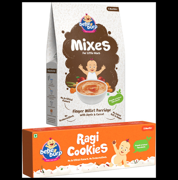 Bebe Burp Combo Pack of 6M+ Mixes Finger Millet Porridge 200gm and 8M+ Ragi Cookies 150gm - Classic Derma