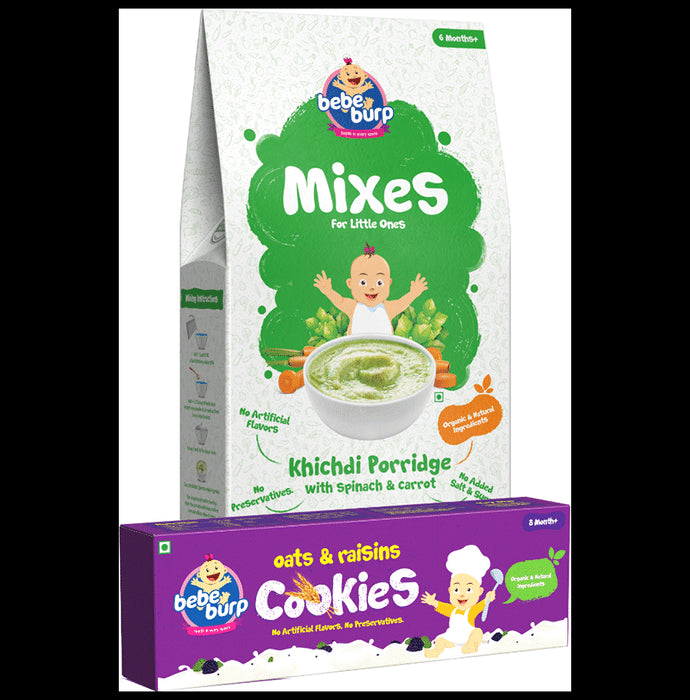 Bebe Burp Combo Pack of 6M+ Mixes Khichdi Porridge 200gm and 8M+ Oats & Raisins Cookies 150gm - Classic Derma
