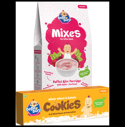 Bebe Burp Combo Pack of 6M+ Mixes Puffed Rice Porridge 200gm and 8M+ Whole Wheat & Banana Cookies 150gm - Classic Derma