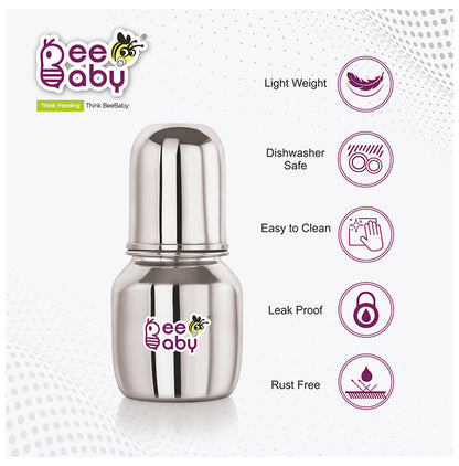 BeeBaby 2 in 1 Ultimate Stainless Steel Infant Baby Feeding Bottle with Anti Colic Nipple & Silicone Sippy Spout 4 Months +
