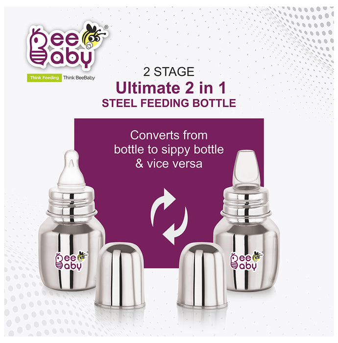 BeeBaby 2 in 1 Ultimate Stainless Steel Infant Baby Feeding Bottle with Anti Colic Nipple & Silicone Sippy Spout 4 Months +