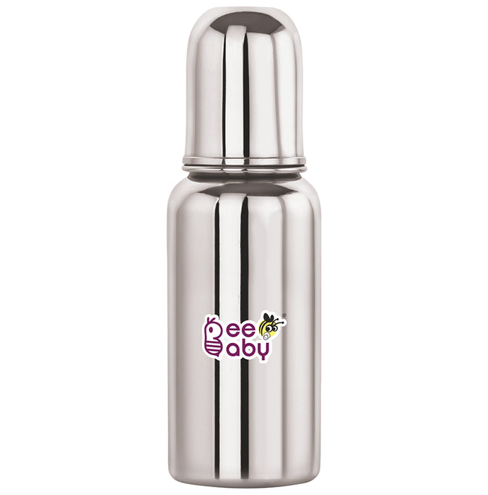 BeeBaby 2 in 1 Ultimate Stainless Steel Infant Baby Feeding Bottle with Anti Colic Nipple & Silicone Sippy Spout 4 Months + - Classic Derma