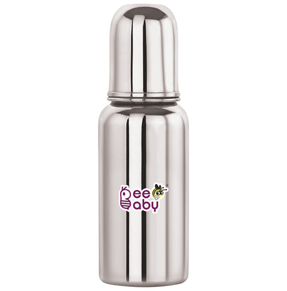 BeeBaby 2 in 1 Ultimate Stainless Steel Infant Baby Feeding Bottle with Anti Colic Nipple & Silicone Sippy Spout 4 Months + - Classic Derma