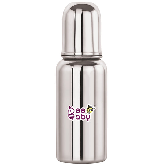 BeeBaby 2 in 1 Ultimate Stainless Steel Infant Baby Feeding Bottle with Anti Colic Nipple & Silicone Sippy Spout 4 Months + - Classic Derma