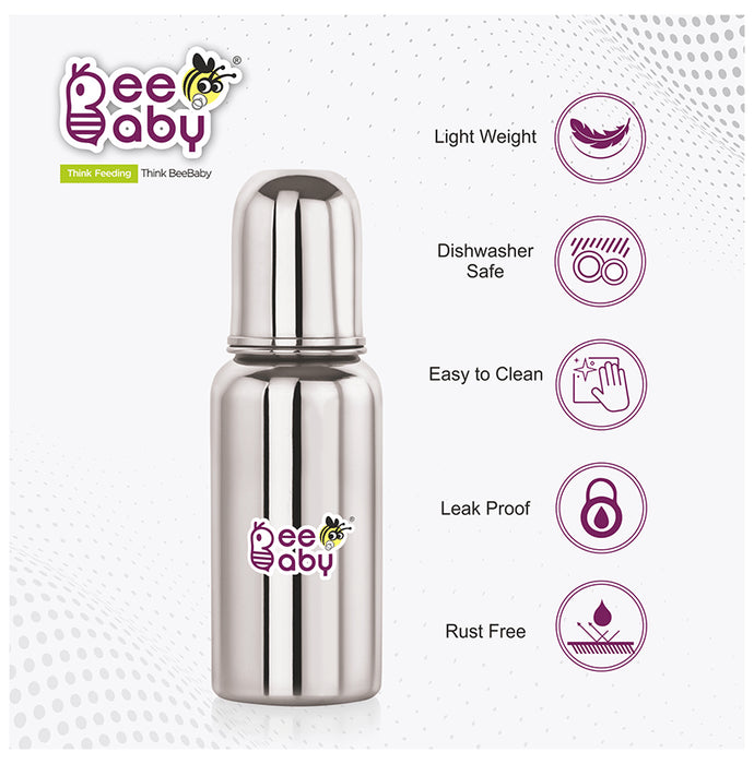 BeeBaby 2 in 1 Ultimate Stainless Steel Infant Baby Feeding Bottle with Anti Colic Nipple & Silicone Sippy Spout 4 Months +