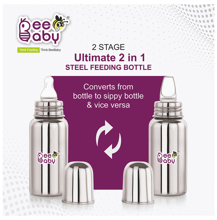 BeeBaby 2 in 1 Ultimate Stainless Steel Infant Baby Feeding Bottle with Anti Colic Nipple & Silicone Sippy Spout 4 Months +