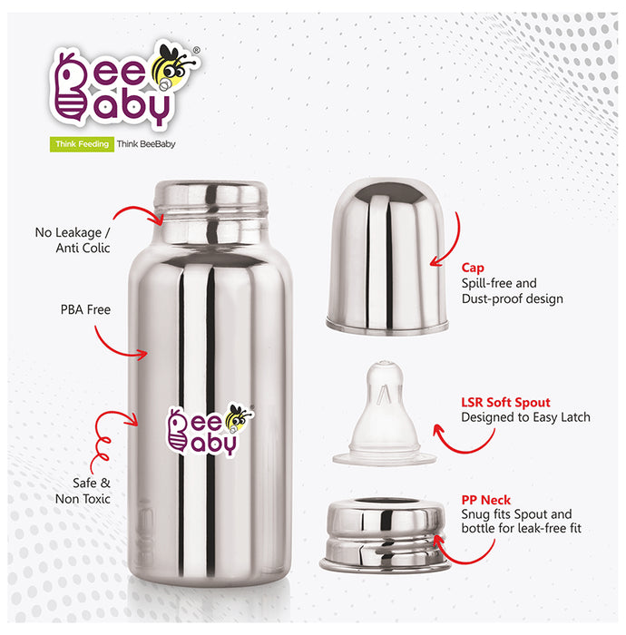 BeeBaby 2 in 1 Ultimate Stainless Steel Infant Baby Feeding Bottle with Anti Colic Nipple & Silicone Sippy Spout 4 Months +
