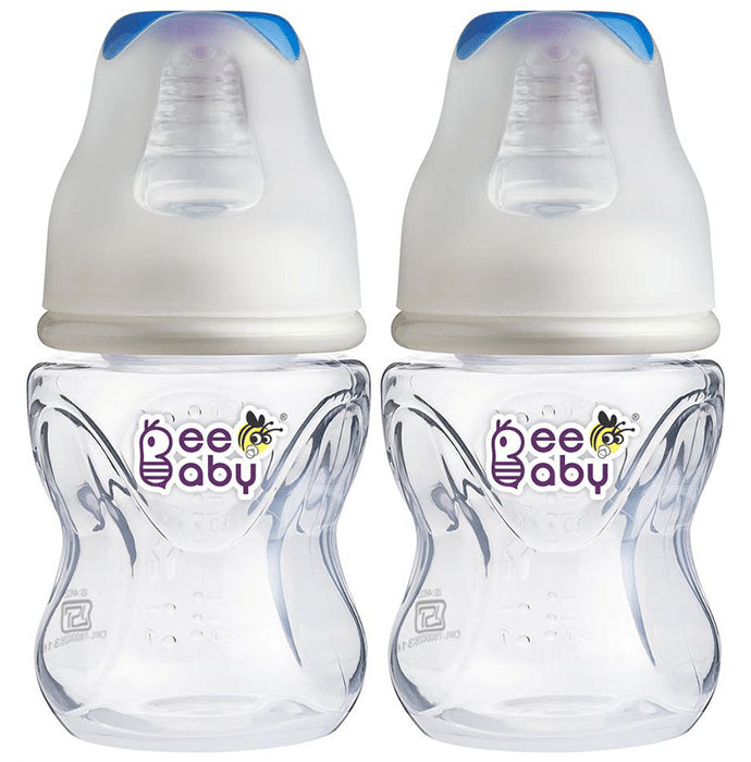 BeeBaby Comfort Slim Neck Baby Feeding Bottle with Slow Flow Anti-Colic Silicone Nipple. Infants 4 Months + (120ml Each) Blue - Classic Derma
