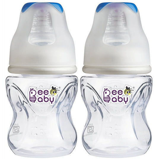 BeeBaby Comfort Slim Neck Baby Feeding Bottle with Slow Flow Anti-Colic Silicone Nipple. Infants 4 Months + (120ml Each) Blue - Classic Derma