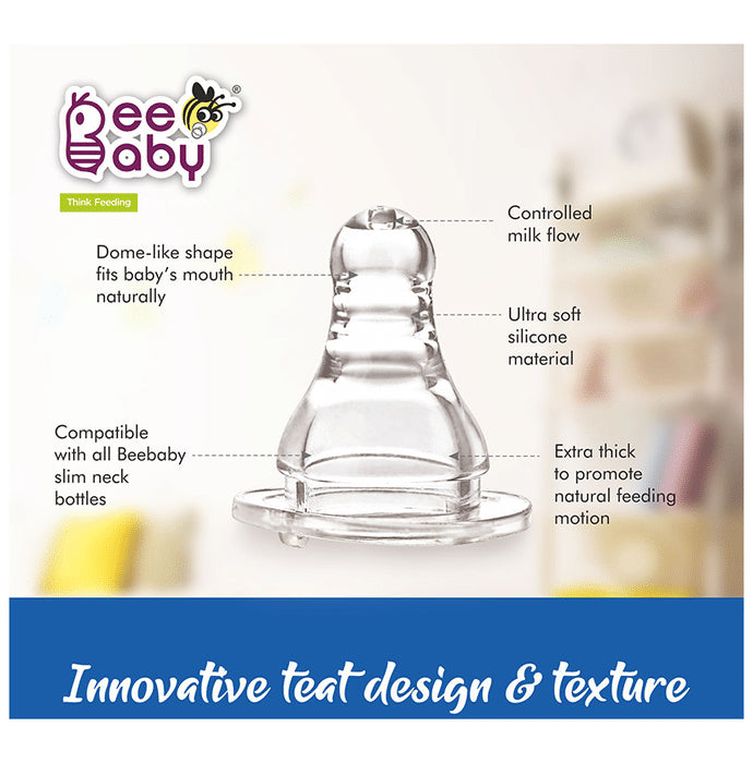 BeeBaby Comfort Slim Neck Baby Feeding Bottle with Slow Flow Anti-Colic Silicone Nipple. Infants 4 Months + (120ml Each) Blue